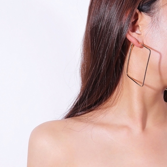 Large Square Geometric Hoop Gold Earrings - Picture 1 of 8